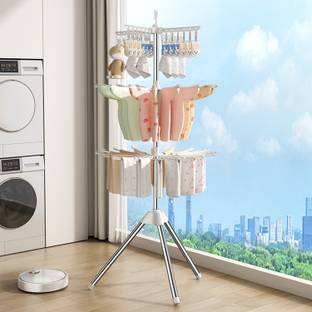 LEOPAX Steel Floor Cloth Dryer Stand Foldable Cloth Drying Rack with 24 Clips & 32 Towels Bars Space Saver for Cloth