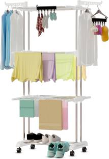 LivingBasics Steel Floor Cloth Dryer Stand / Foldable Clothes Drying Rack with Set of 2 Icon Clips - Snow White