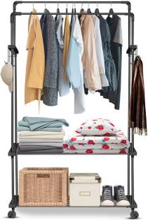 LEOPAX Steel Floor Cloth Dryer Stand Metal Cloth Rail with 10 Side Hooks and 2 Lower Shelves