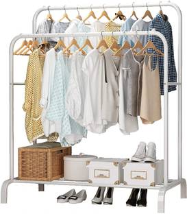 KriShyam Steel Floor Cloth Dryer Stand Double Bar Heavy Metal Clothes Rack with Bottom Shelf No-Wheel Storage Organizer