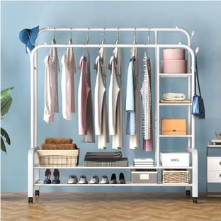 BUCKETLIST Steel Floor Cloth Dryer Stand Portable Garment Rack,Metal Clothes with 2 Hanging Rails, 4 Hooks,4 Side Shelves