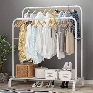 BUCKETLIST Steel Floor Cloth Dryer Stand Metal Garment Rack with Top Rod and Lower Storage Shelf with Hooks
