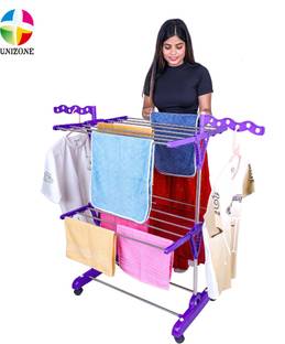 Unizone Steel, Plastic Floor Cloth Dryer Stand Foldable Cloth Drying Stand 2-Tier | Cloth Stand Steel with Wave Wings & Wheels