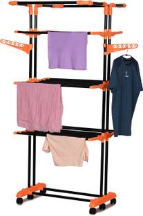 AJAAQI Steel Floor Cloth Dryer Stand 2 Pole Black Orange Clothe Dryer Stand With Wheels Rack Hanger Mild Steel