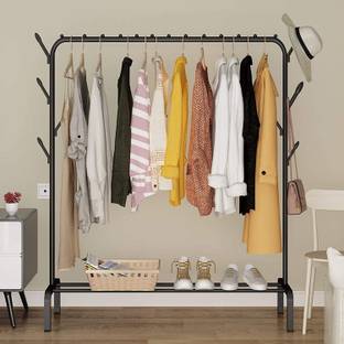BUCKETLIST Steel Floor Cloth Dryer Stand Freestanding Hanging Metal Clothes Rack with Storage Shelf and Side Hooks, Black