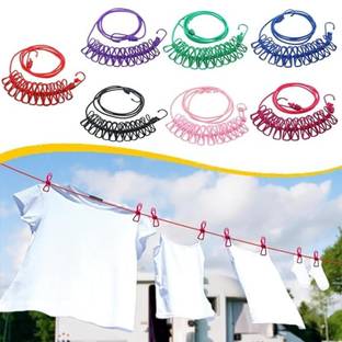La Bella Cloth-Drying Rope with Hooks Adjustable & Elastic Clothes Rope with 12pcs Nylon, Steel Retractable Clothesline