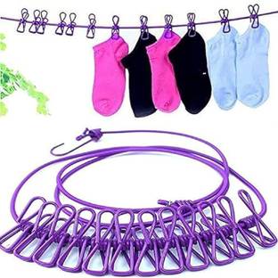 reozan Cloth Drying Rope with Two Sided Hooks, Elastic 12 Clips Cloth Hanging Rope Nylon Retractable Clothesline