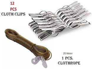 BadiWal Steel Cloth Clips 12 pcs.with 20 meter rope PVC Coated Steel Anti-Rust Wire Rope pack of 1 Washing Line Clothesline with 2 Plastic Hooks Steel, Plastic Retractable Clothesline (20 m) Plastic, Stainless Steel Retractable Clothesline