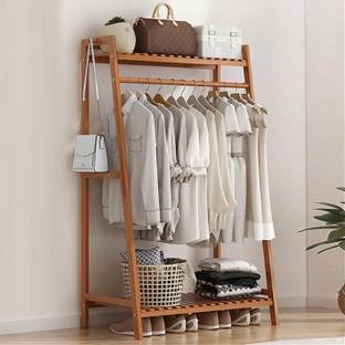 Naayaab Craft Heavy Duty Bamboo Clothe Garment Rack with Top Rod and Shoe Storage Shelves Bamboo Coat and Umbrella Stand