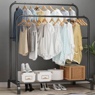 ADA Metal Coat Garment Rack with 1 Bottom Shelf, Double Rod Clothes Hanging Stand Metal Coat and Umbrella Stand