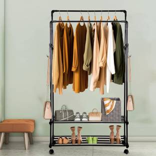 ADA Iron Metal Dual Layer Garment Rack on Wheels with 10 Side Hooks & 2 Lower Shelve Metal Coat and Umbrella Stand