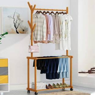 LEOPAX Rolling Coat Rack, Wood Garment Rack, Clothes Hanging Rail with 2 Shelves Engineered Wood Coat Stand