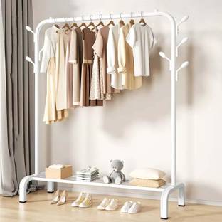 BUCKETLIST Steel Floor Cloth Dryer Stand Metal Garment Rack with Top Rod and Lower Storage Shelf with Hooks