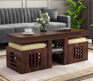 NMT FURNITURE Solid Sheesham Wood Coffee Table With Storage & 2 Stools For Living Room, Café . Solid Wood Coffee Table