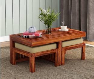 Pandit Wooden Art sheesham wood coffee table, center table with 2 stools tea table for living room Solid Wood Coffee Table