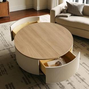 Radha Impex Modern Sculptural Fluted Round Coffee Table with Dual Concealed Drawers Solid Wood Coffee Table