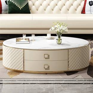 NG Decor White Oval Marble Top Coffee Table with 2 Drawers Stone Coffee Table