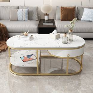 NG Decor Modern Marble Coffee Table with Drawers & Shelf in White Stone Coffee Table