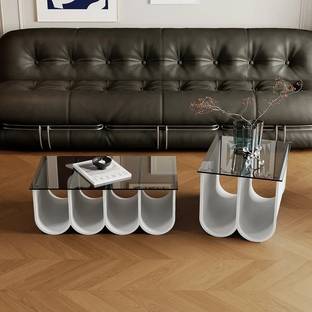 NG Decor 2-Piece Square Coffee Table Set with Black Clear Glass Tabletop & White Base. Engineered Wood Coffee Table