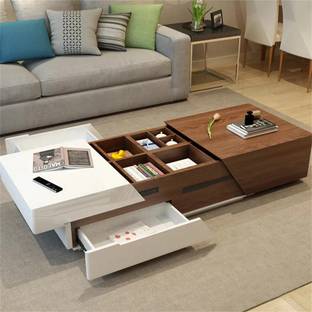 KDINTERIORS Modern Wood Extendable Sliding Top Coffee Table with Storage in White & Black Engineered Wood Coffee Table