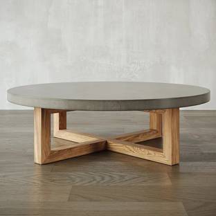 NG Decor 31.5" Round Concrete Gray Coffee Table with Cross Legs Pind Wood Base Engineered Wood Coffee Table
