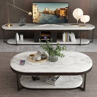 NG Decor 2-Tiered Modern Marble Coffee Table with Shelf Metal Frame Stone Coffee Table