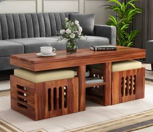 NMT FURNITURE Solid Sheesham Wood Coffee Table With Storage & 2 Stools For Living Room, Café . Solid Wood Coffee Table
