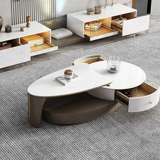 KDINTERIORS Modern Round Lift-Top Wood Nesting Coffee Table with Rotatable Drawers Engineered Wood Coffee Table