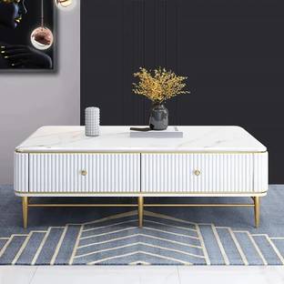 NG Decor White Marble Rectangle Coffee Table in Gold with Storage 4 Drawers Stone Coffee Table