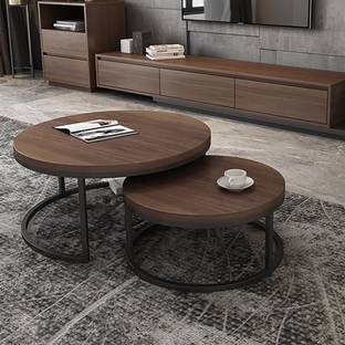 KDINTERIORS 2 Modern Walnut & Black Metallic Round Nesting Coffee Table for Living Room Engineered Wood Coffee Table