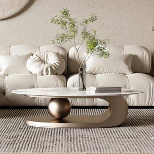NG Decor White Oval Coffee Centre Table with White Marble top Stone Coffee Table