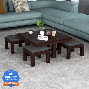 Taskwood Furniture Solid Wood Sheesham Wood Coffee Table With 4 Stools For Living Room, Guest Room Solid Wood Coffee Table