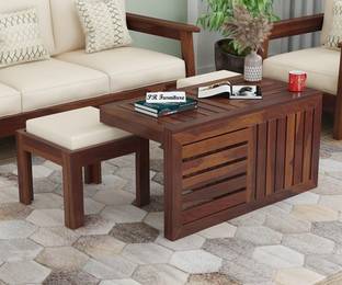 PR FURNITURE Solid Sheesham Wood Coffee Table With Two Stools For Living Room/ Café || Solid Wood Coffee Table