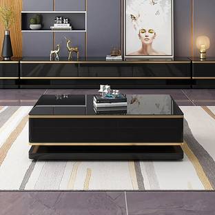 NG Decor Black Rectangular Modern Coffee Table with Storage 4 Drawers Tempered Glass Top Engineered Wood Coffee Table