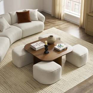Klofiy SolidWood Coffee Table with 4 Stool/Mohogany finish Coffee Table(Cream Fabric) Solid Wood Coffee Table