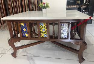 QA Antique Handicraft Traditional Rectangle Shape Center Table Solid Teak Wood with Marble Top Solid Wood Coffee Table