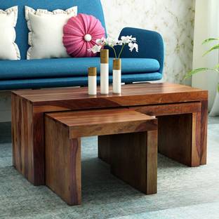 PR FURNITURE Premium Quality Sheesham Wood Coffee Table With Two Stool Finish :- Provincial Teak Solid Wood Coffee Table