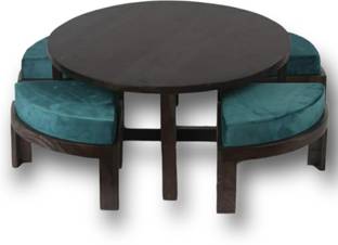 manzees Premium Wood Round Center Coffee Table with 4 Cushion Stools Solid Coffee Table Solid Wood Coffee Table