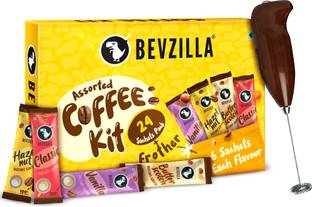 Bevzilla Instant Coffee Gift Box of 24 Assorted Coffee Sachets & Frother Instant Coffee