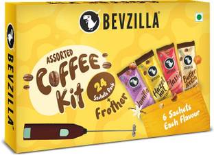 Bevzilla 24 Flavoured Coffee Sachets & Frother Cafe Coffee Kit Instant Coffee