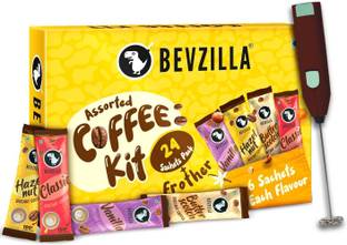 Bevzilla Instant Coffee Gift Box of 24 Assorted Coffee Sachets & Frother Instant Coffee