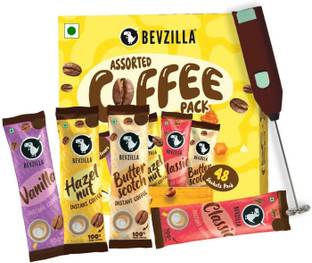 Bevzilla Instant Coffee Powder - 60 Sachets with Electric Frother, 15 Sachet Each Flavour Instant Coffee