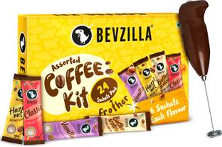 Bevzilla Instant Coffee Gift Box of 24 Assorted Coffee Sachets & Frother Instant Coffee