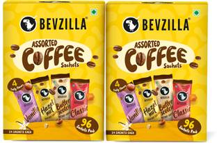 Bevzilla 192 Instant Coffee Sachets, 100% Pure Arabica, 48 Sachets Each Flavor Instant Coffee