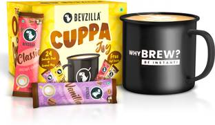 Bevzilla 24 Coffee Sachets & Enamel Mug | Makes 24 Cups|6 Sachet Each Flavour|Premium Mug Instant Coffee
