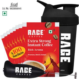 RAGE Extra Strong Premium Blend Coffee Pack of 100+Multipurpose Shaker 450 ml+Frother Instant Coffee