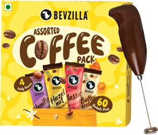 Bevzilla Instant Coffee Powder - 60 Sachets with Electric Frother, 15 Sachet Each Flavour Instant Coffee