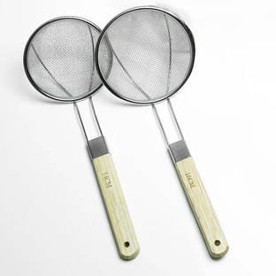 CookoFriends 14/16cm Stainless Steel Food Strainer Wooden Handle Deep Fry Spoon Jhara Puri Strainer