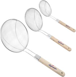 Signamio Heavy Duty Professional Standard Stainless Steel Deep Fry Net Spoon Oil Strainer With U Shape Wooden Handle Jhara,Mesh,Ladle,Wire,Skimmer,Puri Strainer for kitchen-pack of 3pcs-(16/18/20 cm) Deep Frying Basket