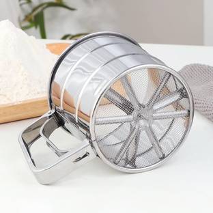 CRAZYGOL Stainless Steel Flour Sieve Baking Sieve Cup with Hand Press Design (Silver) Collapsible Strainer